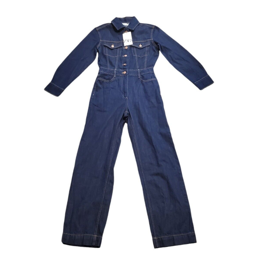 Zara Dark Washed Denim Jumpsuit Long Sleeve Blue Buttons Zip Women Size XS NEW